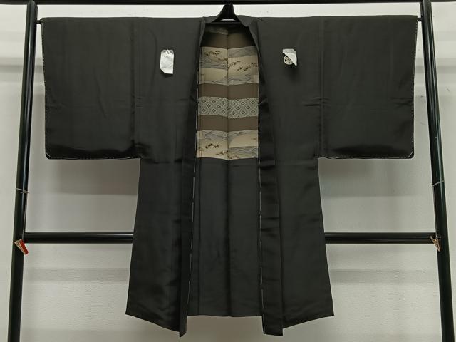 平和屋着物∞男性 長羽織 黒紋付 羽裏:風景文 正絹 逸品 未使用 CABC3174ua