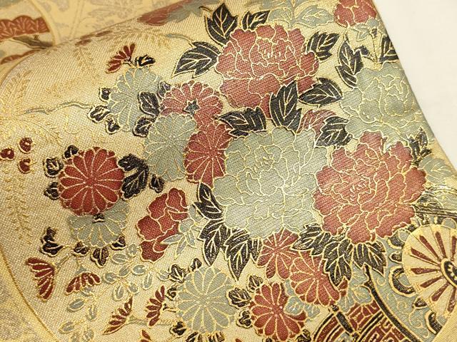 平和屋着物▼太鼓柄袋帯 花車丸文 金彩 正絹 逸品 CABC3356ak