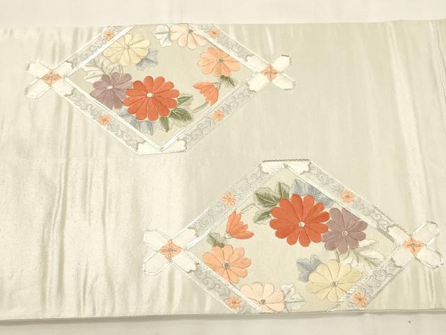 平和屋着物▼太鼓柄袋帯 総刺繍 駒刺繍 菱花文 銀糸 正絹 逸品 CABC3491ak