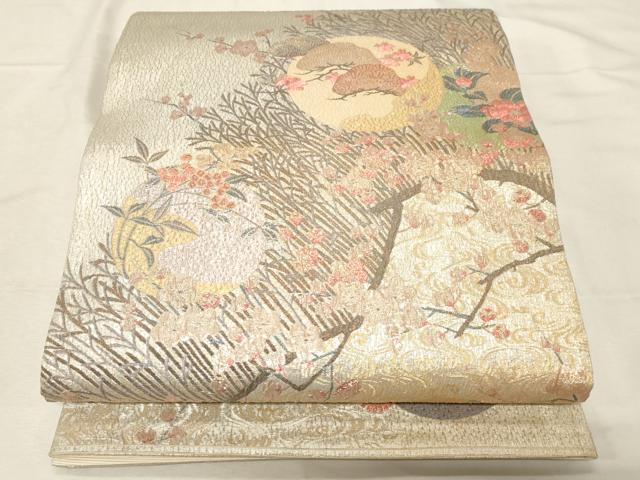 平和屋着物▼六通柄袋帯 ふくれ織 流水草花丸文 金銀糸 正絹 逸品 CABC4403dy