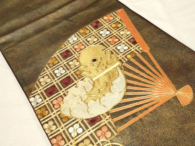平和屋着物▼太鼓柄袋帯 駒刺繍 総刺繍 扇面吉祥文 金糸 引箔 正絹 逸品 CABC4494dy
