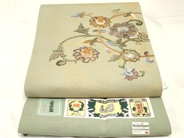 平和屋着物●太鼓柄袋帯 結城紬地 総刺繍 更紗文 金彩 証紙付き 正絹 逸品 CABC4759dy