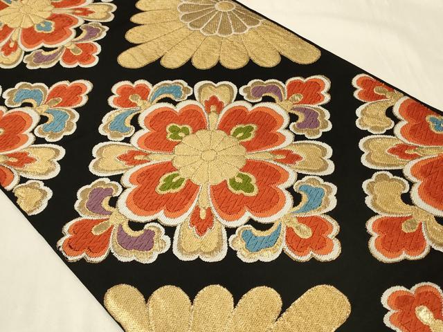平和屋着物◎六通柄袋帯 唐織 花菱文 黒地 金糸 正絹 逸品 CABC4838in