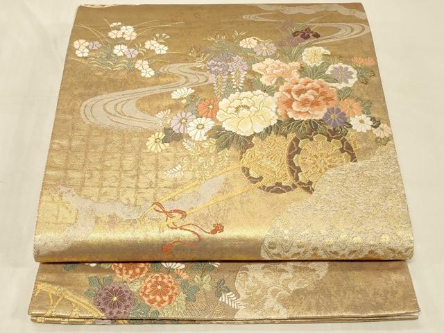 平和屋着物◎六通柄袋帯 唐織 流水花車文 金糸 鈴乃屋扱い 正絹 逸品 CABC4849in