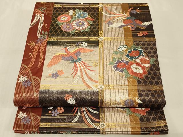 平和屋着物◎六通柄袋帯 唐織 天井鳳凰花丸文 金糸 正絹 逸品 CABC5120in