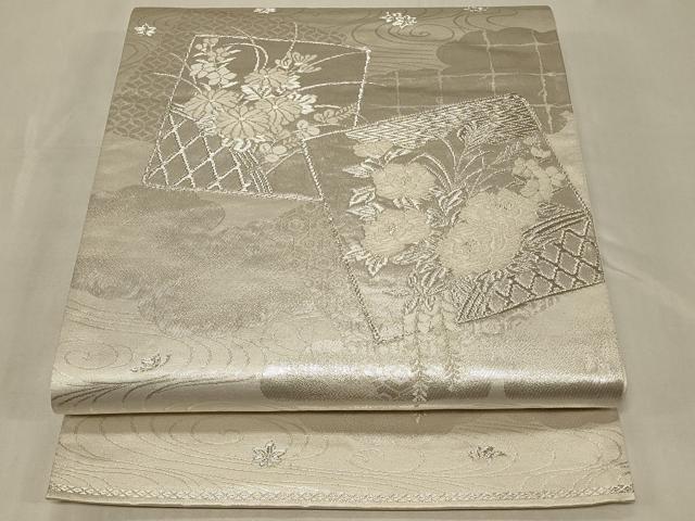 平和屋着物◎六通柄袋帯 美保姿 色紙重ね草花文 銀糸 正絹 逸品 CABC5132in