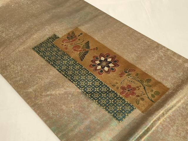 平和屋着物◎太鼓柄袋帯 螺鈿 短冊花鳥文 金彩 引箔 正絹 逸品 CABC5149in