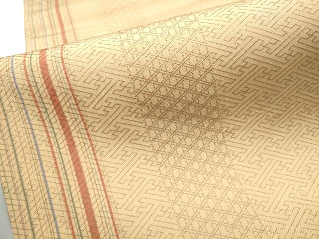 平和屋着物▽西陣 高垣織物謹製 両面 六通柄袋帯 スリーシーズン 春夏秋 紬地 型染め 幾何学花文 証紙付 上代29万 逸品 未使用 CABC5233hy
