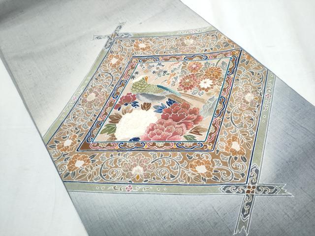 平和屋着物●太鼓柄袋帯 紬地 刺繍 花鳥文 金糸 正絹 逸品 CABC5239hy