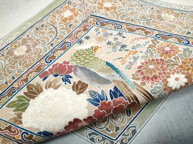 平和屋着物●太鼓柄袋帯 紬地 刺繍 花鳥文 金糸 正絹 逸品 CABC5239hy