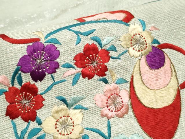 平和屋着物●アンティーク 大正ロマン 九寸名古屋帯 総刺繍 駒刺繍 鏡裏花文 銀糸 正絹 逸品 CABC5249hy