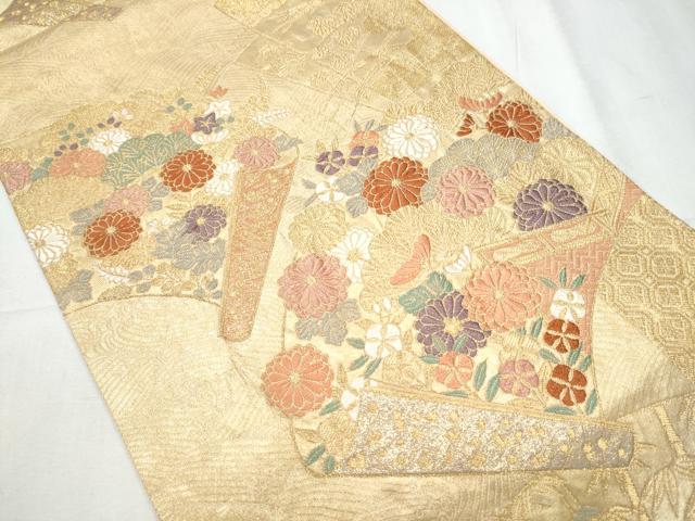 平和屋着物▼六通柄袋帯 唐織 色紙散らしに蒔絵文 金糸 正絹 逸品 CABC5296hy