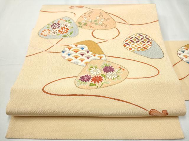 平和屋着物●九寸名古屋帯 刺繍 貝合わせ花文 金彩 鬼しぼ縮緬 正絹 逸品 CABC5324hy
