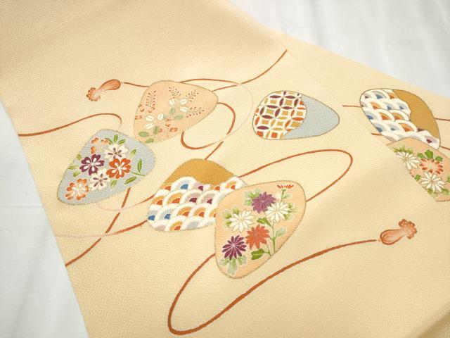 平和屋着物●九寸名古屋帯 刺繍 貝合わせ花文 金彩 鬼しぼ縮緬 正絹 逸品 CABC5324hy