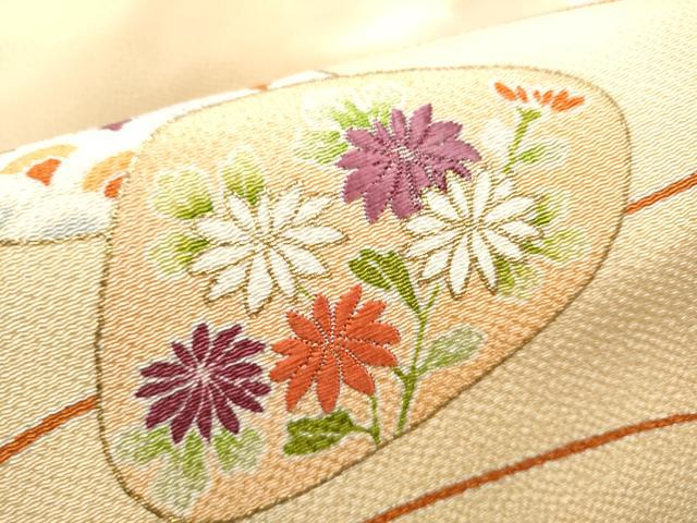 平和屋着物●九寸名古屋帯 刺繍 貝合わせ花文 金彩 鬼しぼ縮緬 正絹 逸品 CABC5324hy