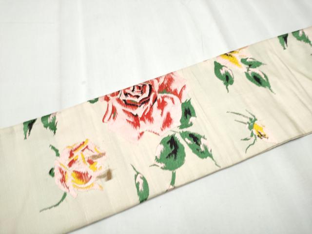 平和屋着物●アンティーク 大正ロマン 九寸名古屋帯 唐織 薔薇 正絹 逸品 CABC5326hy