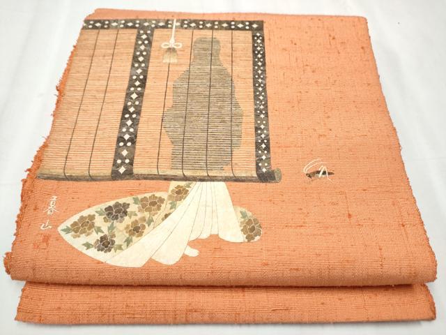 平和屋着物●八寸名古屋帯 作家物 蓑虫 紬地 人物文 正絹 逸品 CABC5343hy