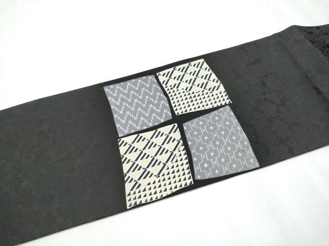 平和屋着物●九寸名古屋帯 色紙吉祥文 黒地 正絹 逸品 CABC5357hy