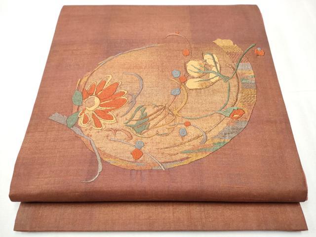 平和屋着物●太鼓柄袋帯 紬地 総刺繍 枝花文 金彩 正絹 逸品 CABC5381hy