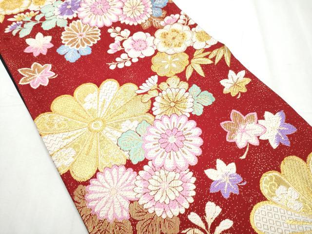 平和屋着物●六通柄袋帯 草花文 金糸 正絹 逸品 CABC5492hy