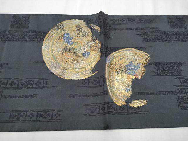 平和屋着物●太鼓柄袋帯 絵皿吉祥文 金糸 正絹 逸品 CABC5509hy