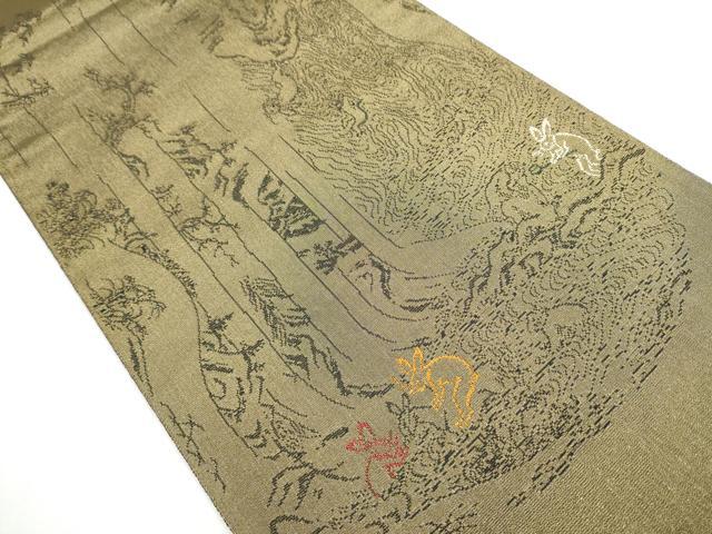 平和屋着物●西陣 鷹匠謹製 両面 全通全景柄袋帯 黄丹 鳥獣戯画 金糸 正絹 逸品 CABC5516hy