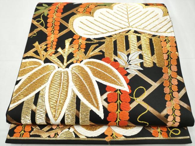 平和屋着物●西陣 河合美術織物謹製 六通柄袋帯 唐織 草花文 黒地 金糸 正絹 逸品 CABC5531hy