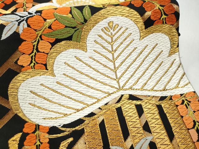 平和屋着物●西陣 河合美術織物謹製 六通柄袋帯 唐織 草花文 黒地 金糸 正絹 逸品 CABC5531hy