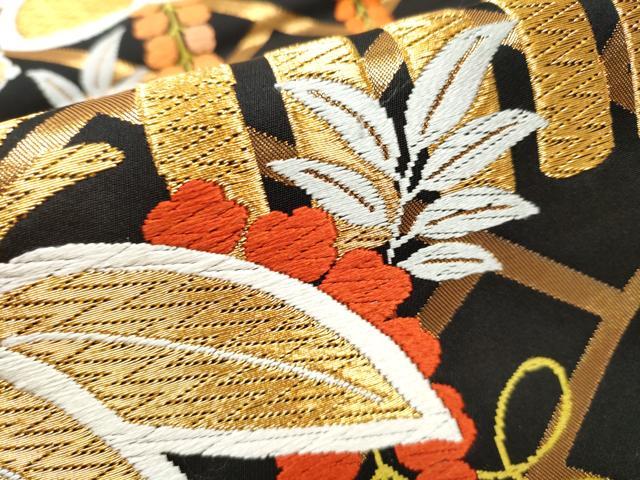 平和屋着物●西陣 河合美術織物謹製 六通柄袋帯 唐織 草花文 黒地 金糸 正絹 逸品 CABC5531hy