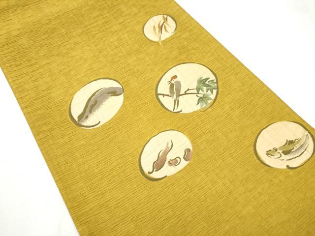 平和屋着物●太鼓柄袋帯 魚 休み鳥枝葉丸文 正絹 逸品 CABC5575hy