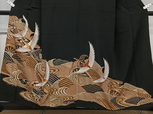 平和屋着物■豪華黒留袖 駒刺繍 立波飛鶴文 正絹 逸品 CABC5618xi