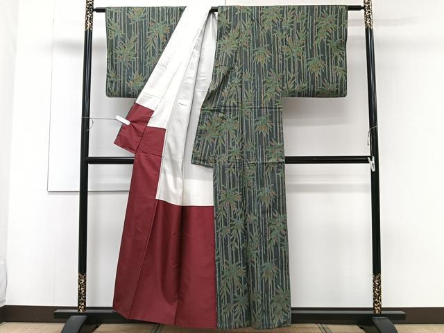 平和屋着物■上質な紬 笹竹文 黒地 正絹 逸品 CABC5862xi