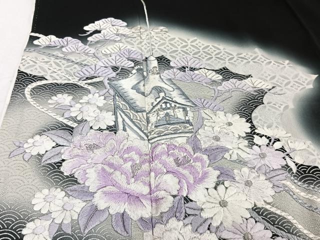 平和屋着物■豪華黒留袖 刺繍 鉾花文 暈し染め 銀彩 正絹 逸品 CABC5937xi