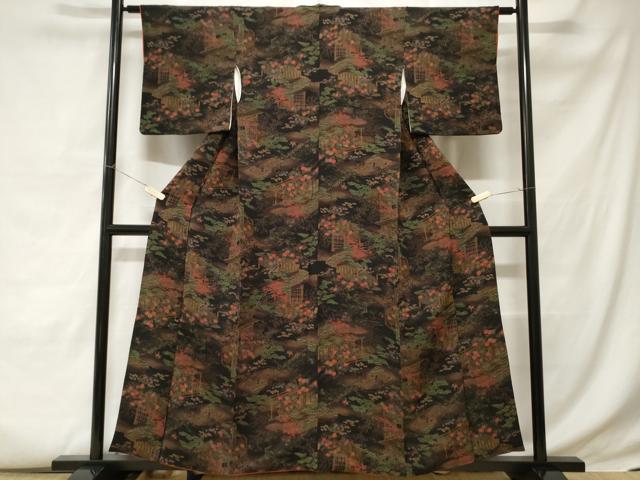 平和屋着物■上質な小紋 風景文 暈し染め 金彩 鬼しぼ縮緬 正絹 逸品 CABC6146ev