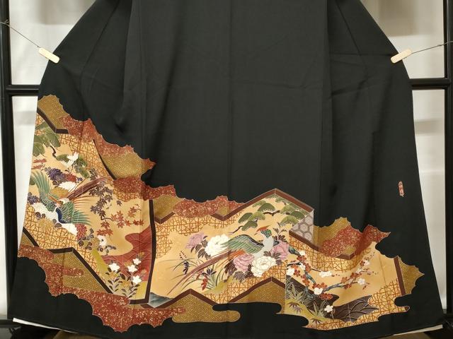 平和屋着物■豪華黒留袖 作家物 屏風尾長鳥草花文 金彩 正絹 逸品 CABC6211ev