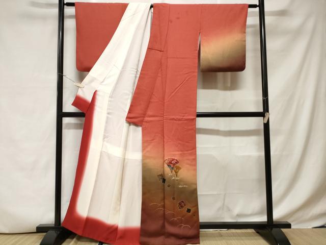 平和屋着物■訪問着 松原清久 芝草色紙重ね花文 暈し染め 金銀彩 正絹 逸品 CABC6368ev