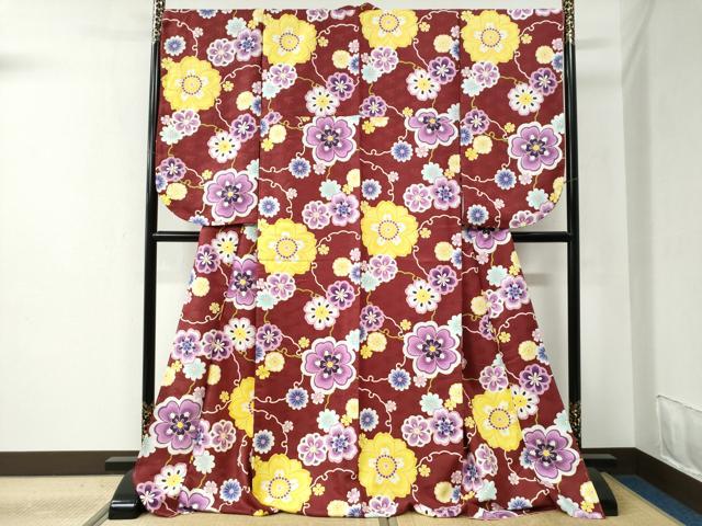 平和屋着物●小振袖 二尺袖 雪輪舞花文 洗える着物 未使用 CABC6456yc