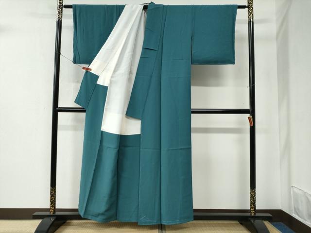 平和屋着物●上質な色無地 堅牢染 京乃伝統染 青碧色 反端付き 正絹 逸品 未使用 CABC6494yc