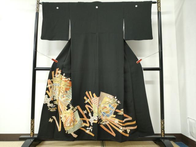 平和屋着物●創業460年・千總 黒留袖 駒刺繍 鬘帯色紙重ね鳳凰檜扇吉祥花文 金彩 正絹 逸品 CABC6515yc