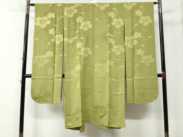 平和屋着物●振袖用長襦袢 無双仕立て 紅花の山形路 舞桜地紋 抹茶色 反端付き 正絹 逸品 CABC6585yc