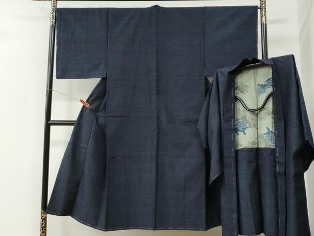 平和屋着物●男性 紬 アンサンブル 色無地 留紺色 正絹 逸品 未使用 CABC6611yc