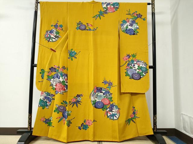 平和屋着物●豪華振袖 作家物 型染め 草花丸文 鬼しぼ縮緬 正絹 逸品 CABC6649yc