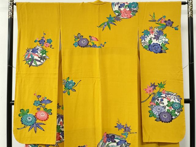 平和屋着物●豪華振袖 作家物 型染め 草花丸文 鬼しぼ縮緬 正絹 逸品 CABC6649yc
