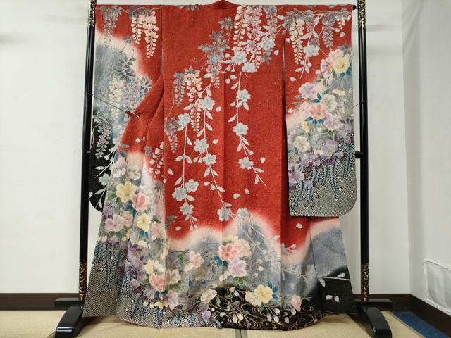 平和屋着物●豪華振袖 絞り 流水枝垂れ花文 暈し染め 金通し地 正絹 逸品 CABC6650yc