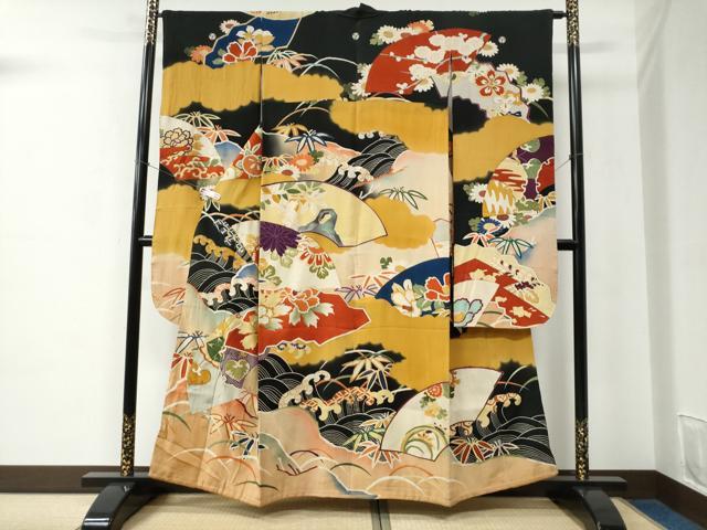 平和屋本店●アンティーク 大正ロマン 振袖 刺繍 立波牡丹葵吉祥花文 暈し染め 黒地 金彩 逸品 CABC6785yc