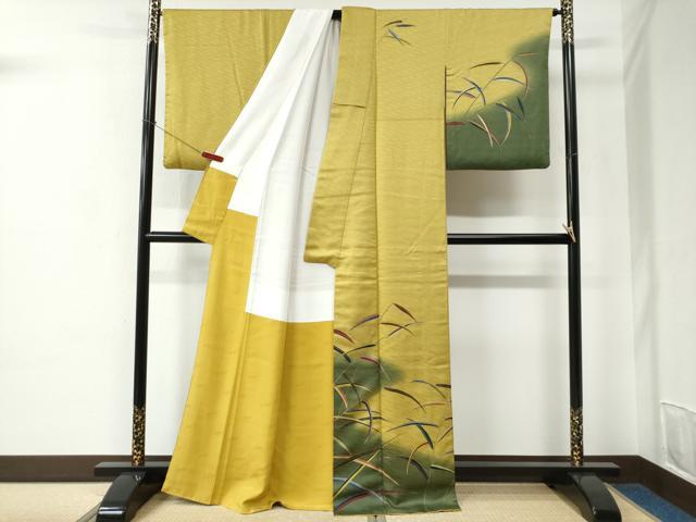 平和屋着物●染色作家 斉藤三才 訪問着 枝葉文 暈し染め 金彩 正絹 逸品 CABC6797yc