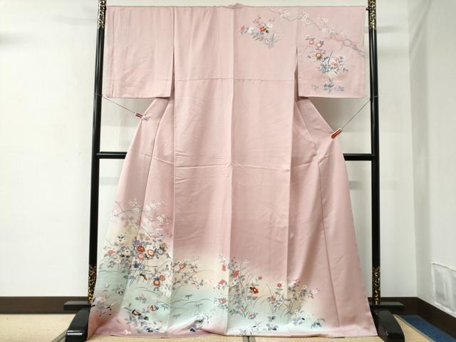 平和屋着物●訪問着 友禅 鴛鴦草花文 暈し染め ロング丈 正絹 逸品 CABC6890yc