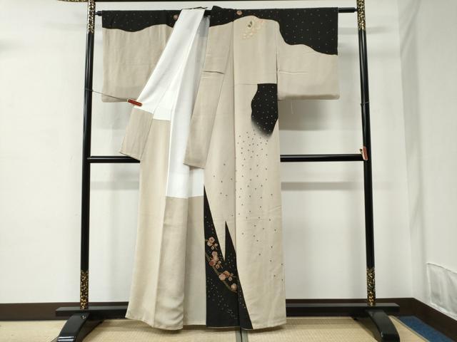 平和屋着物●訪問着 枝梅文 黒地 金彩 鬼しぼ縮緬 正絹 逸品 CABC6910yc