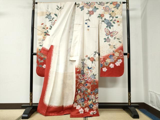 平和屋着物●豪華振袖 絞り 花蝶文 暈し染め 金彩 正絹 逸品 CABC6912yc