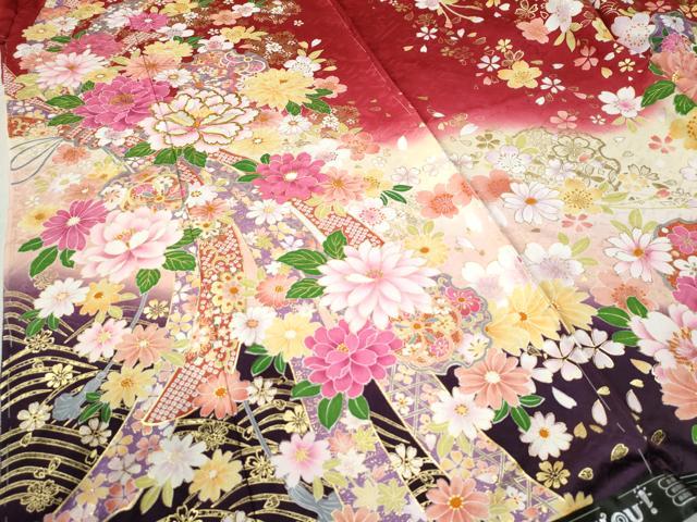 平和屋着物●豪華振袖 刺繍 束ね熨斗雪輪草花文 ラメ糸 暈し染め 金彩 仮絵羽 逸品 未使用 CABC6918yc